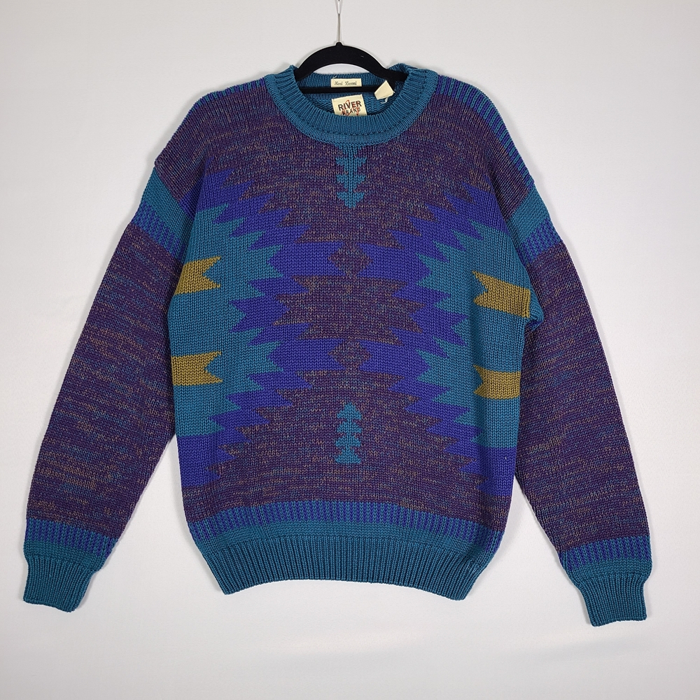 Vintage River Brand Arrow Sweater Mens Size Large Hand Loomed Blue Purple Aztec